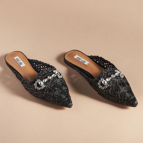 NWT BIBI LouE RAFFIA Embellished Mules 37 - Picture 1 of 3